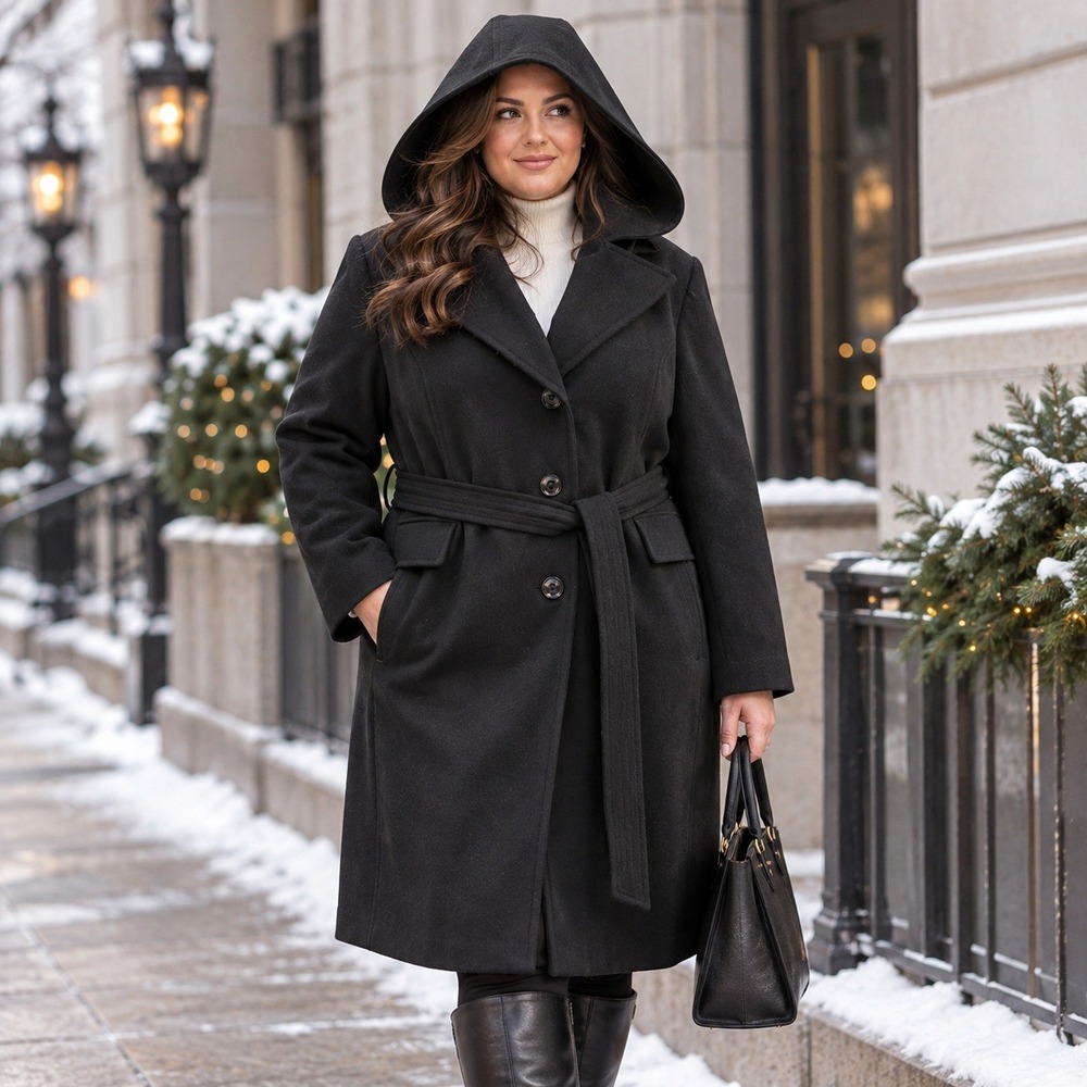 London Fog Womens XXL Black Wool Blend Hooded Belted Long Winter Coat 2XL